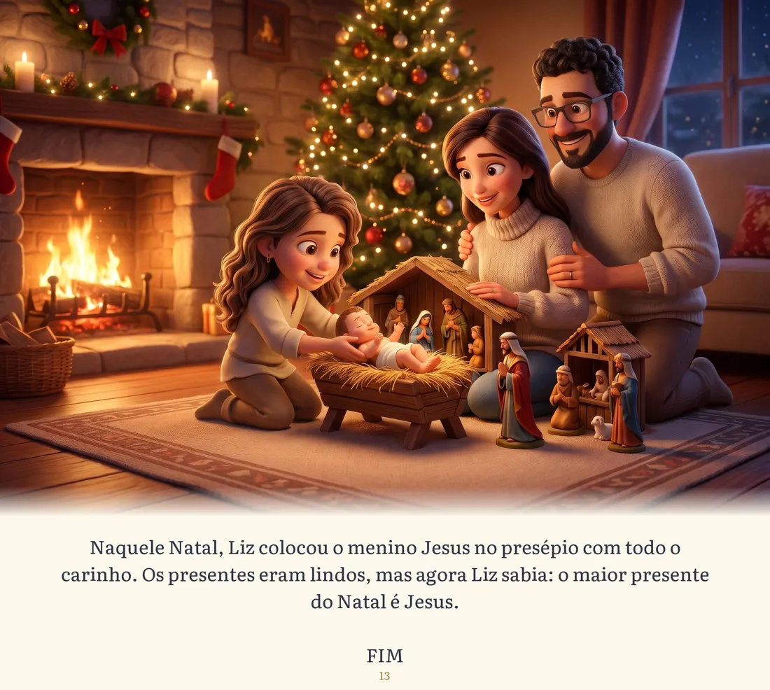 A família reunida ao redor do presépio na última página do livro