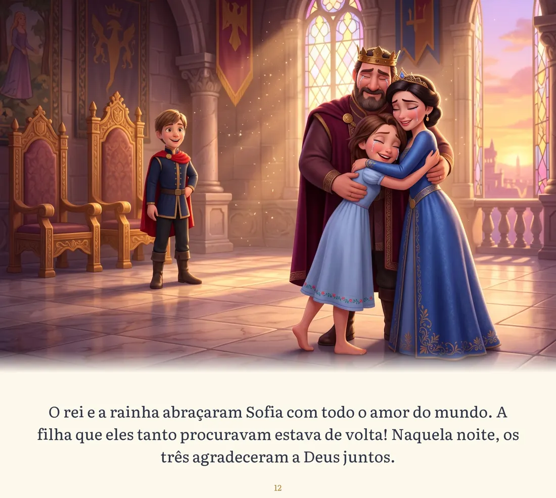 A menina abraçada pelo rei e pela rainha no livro da Rapunzel